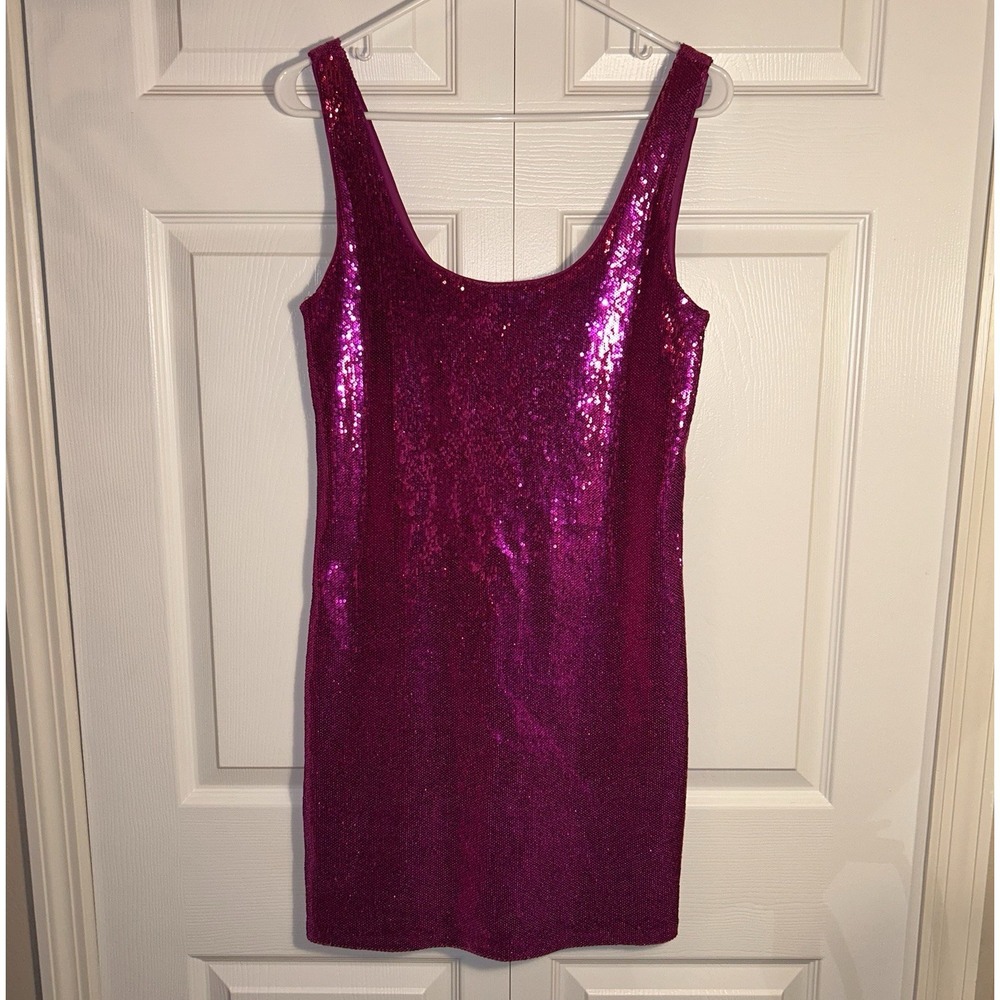 Express Pink Sequin Bodycon 90s Cocktail NYE New Year Mini Dress Lined Stretch M